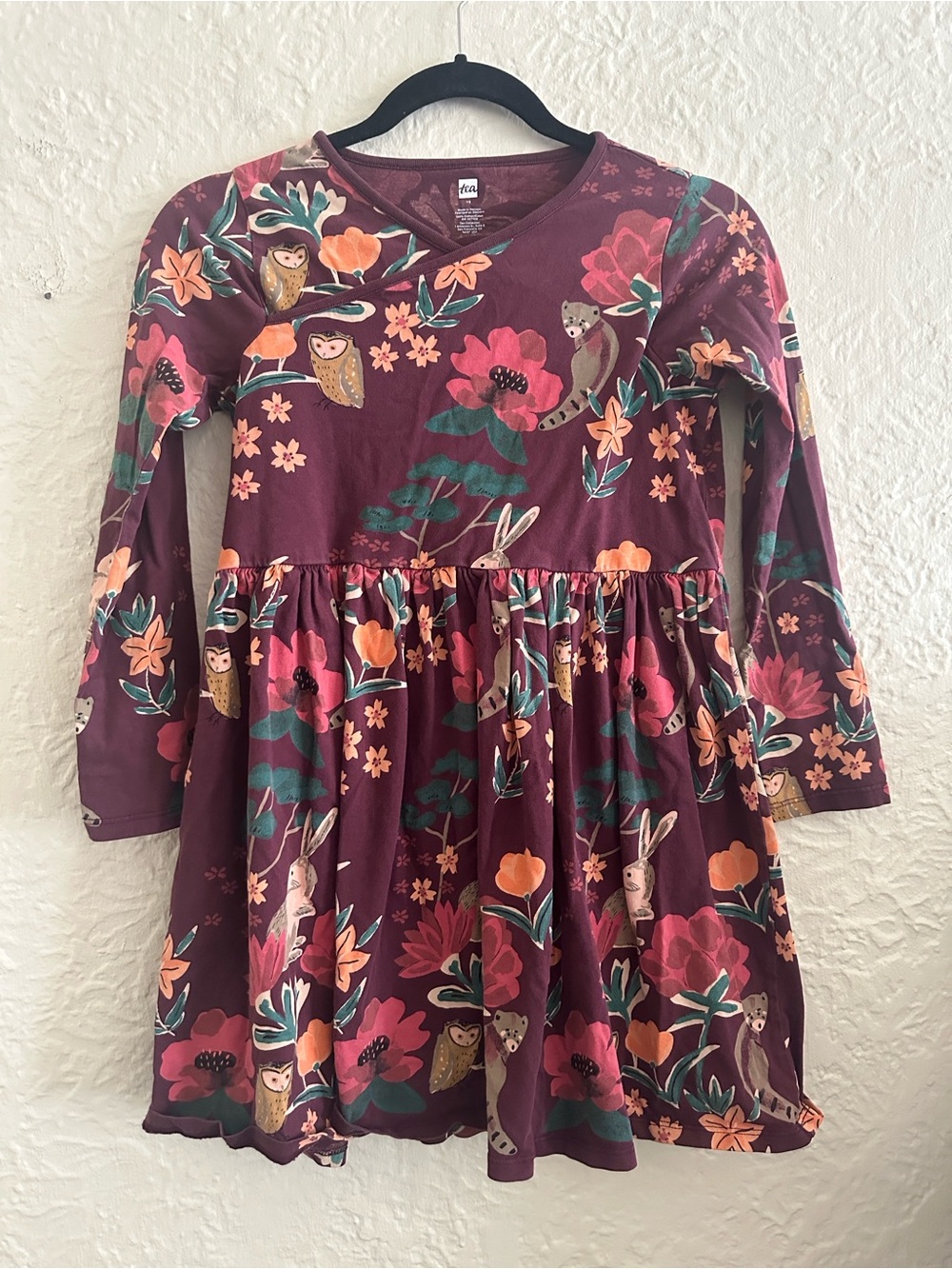 Tea Collection Girls Floral Long Sleeve Dress Owls Bunnies 12 Woodland Creatures